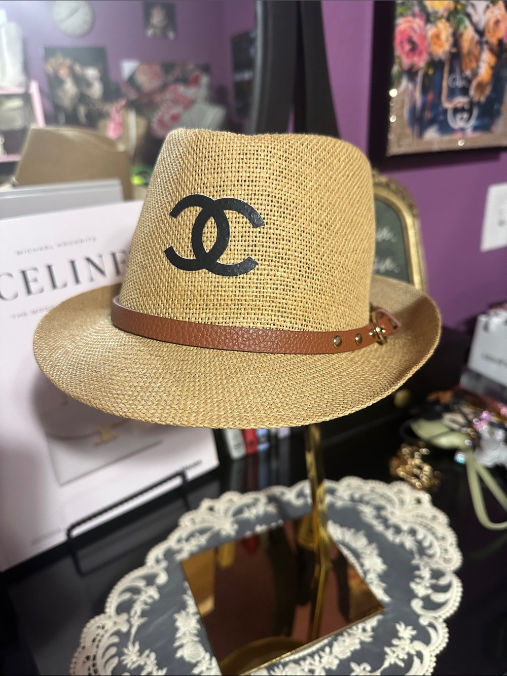 Braided Straw Trilby Hat with Brown Leather Band and Black Logo